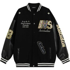 Men's Varsity Jackets Vintage Baseball Y2k Letterman Jacket Button Down Black